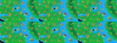 Sanat ilham verici ve mavi renkli çiçekler ve arkasında iz bırakıyor. Karalama çiçekleri çizim kalıbı. Yeşil ve mavi el çizimi desen. Raster deseni.