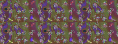 Raster illüstrasyonu. Kahverengi, yeşil ve mor renkli çiçekler. Kusursuz çiçek deseni duvar kağıdı için kullanılabilir.