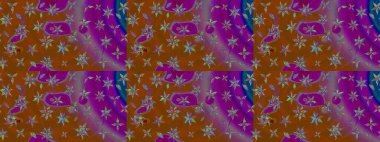 Kahverengi ve mor renkli Asya tekstili. Raster illüstrasyonu. Suluboya çiçekli çiçek deseni.