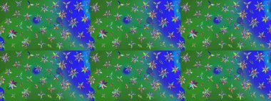 Yeşil ve mavi renkte çiçekler. Renkli Yaz Temalı eskiz kalıbı. Düz Çiçek Elementleri Tasarımı. Raster illüstrasyonunda çiçek deseni çizimi.