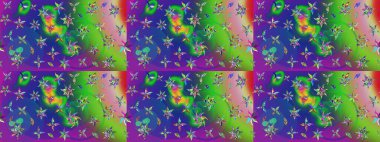 Raster illüstrasyonu. Yeşil ve mavi renkte çiçekler. Çizim çiçek deseni duvar kağıdı için kullanılabilir.