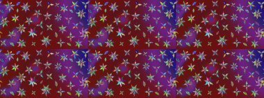 Küçük çiçekteki sevimli çiçek deseni. Bir sürü kırmızı ve mor soyut çiçekli tropik eskiz deseni. Renkli ve mor raster çizimi.