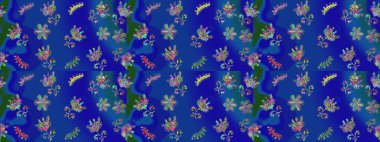 Raster dikişsiz şirin çiçek deseni. Tatil havası. Mavi, yeşil ve mor renkli çiçekler. Nazik romantik baskı. Bahar mevsimi.