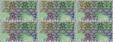 Kusursuz bir geçmişi var. Raster illüstrasyonu. Eski usul. Kumaş, tekstil, duvar kağıdı baskısı için. Renkli desenli kusursuz desen, gri çiçekler ve dekoratif elementler..