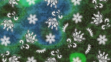 Raster illüstrasyonu. Yeşil ve mavi renklerde. Güzel kumaş deseni. Raster illüstrasyonunda çiçek deseni çizimi.