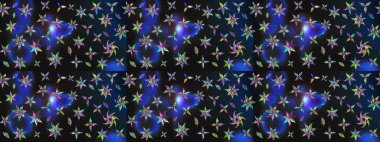 Raster illüstrasyonu. Şirin çiçekli eskiz deseni ve gri ve mavi renkli yapraklar, suluboya çiçek deseni, duvar kağıdı, kart veya kumaş için fayanslı.