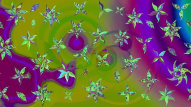 Yeşil ve mor renkli çiçekler. Gömlek baskısı için çiçek boyası. Çiçek eskiz kalıbı geçmişi.
