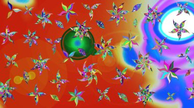 Raster illüstrasyonu. Küçük çiçekli yay deseni çiz. Suluboya tarzında turuncu ve kırmızı renkler üzerine.