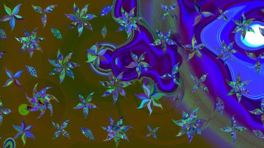 Raster illüstrasyonu. Egzotik çiçekler, botanik olarak parlak, kahverengi ve mavi renkler üzerine klasik bir doğa. Klasik tropikal doğal elementlerin suluboya seti.