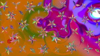 Raster Modaya uygun kumaş deseni. Renkli Bahar Teması eskiz kalıbı. Turuncu ve mor renkli şirin çiçek desenleri. Düz Çiçek Elementleri Tasarımı.