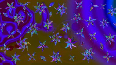 Raster illüstrasyonu. Kahverengi ve mor renkli çiçekler. Tropikal çizim çiçek deseni.