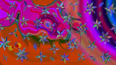 Sevimli çiçek raster deseni. Turuncu ve morumsu renkte çiçekler. Düz Çiçek Elementleri Tasarımı. Renkli Bahar Teması çizim şablonu.