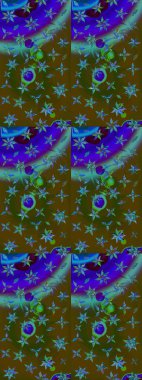 Suluboya çiçekli çiçek deseni. Raster illüstrasyonu. Kahverengi ve mavi renkli Asyalı tekstil.