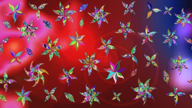 Yaprak ve çiçeklerin suluboya resimleri, kırmızı ve kahverengi renkler üzerine çizimler. Raster illüstrasyonu. Kibar, bahar çiçekleri kırmızı ve kahverengi renklerde.