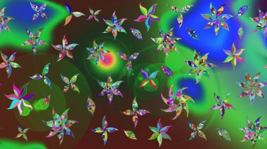 Düz Çiçek Elementleri Tasarımı. Sevimli çiçek raster deseni. Renkli Bahar Teması eskiz kalıbı. Yeşil ve mavi renkte çiçekler.