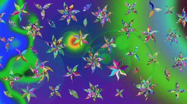 Ağaç dallı bahar çiçekli desen, çiçek siluetiyle yeşil ve mavi renkler. Raster deseni.