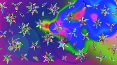 Üzerinde gelincikler ve vadi zambakları olan renkli çiçek desenli nakış deseni. Tekstil tasarımı için mavi ve mor renkli geleneksel halk çiçekleri buketi.