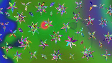 Raster deseni. Patlayan çiçekler soyut olarak yerleştirilmiş. Raster illüstrasyonu. Nazikçe, rengarenk bahar çiçekleri.