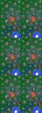 Sabıka fotoğraflarında, bebek kıyafetlerinde, duvar kâğıtlarında, paket kutularında falan kullanılabilir. Raster. Zarif, parlak ve eskiz yeşil ve mavi çiçek deseni tasarımı.