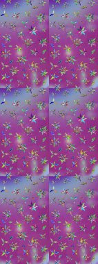 Moda baskıları için zarif bir şablon. Küçük renkli çiçekler. Motley illüstrasyonu. Mor ve nötr çiçekli bahar çiçekleri. Küçük çiçekte şirin desenler.