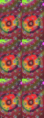 Çiçekli ipek eşarp. El çizimi çiçek unsurları olan soyut çizim raster deseni. 1950-1960 motifleri. Kahverengi ve kırmızı kahverengi ve kırmızıya. Retro tekstil tasarım koleksiyonu.