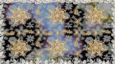 İslam tasarımı. Kusursuz desenli oryantal süs. Raster altın tekstil baskısı. Gri renkli ve altın elementli altın desenli. Çiçek karoları.