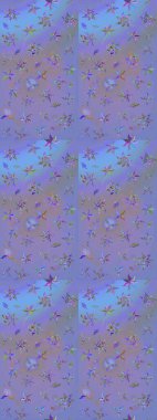 Raster hisseleri. Eskiz arkaplan modeli. Suluboya, elle çizilmiş. Mor ve mavi üzerinde çiçekler.