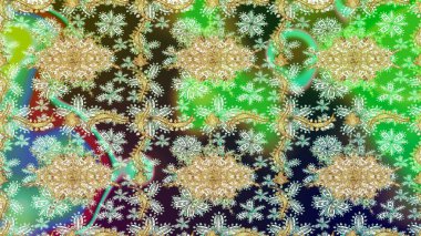 2019 Noel 'i, kar tanesi, yeni yıl. Altın elementli yeşil renkte klasik eskiz deseni.