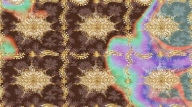 Tekrarlayan elementlerle soyut arkaplan oluşturun. Raster illüstrasyonu. Kahverengi ve altın elementli altın çizim deseni. Sketch damask klasik altın desen.