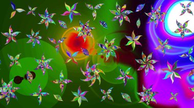 Raster illüstrasyonundaki çiçek desenli çizim. Düz Çiçek Elementleri Tasarımı. Yeşil ve mor renkli çiçekler. Renkli Yaz Teması çizim şablonu.