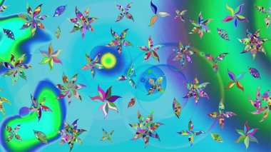 Motley illüstrasyonu. Moda baskıları için zarif bir şablon. Küçük renkli çiçekler. Küçük çiçekte güzel bir desen. Mavi ve yeşil çiçekli bahar çiçekleri.