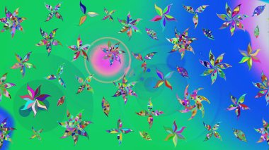 El çizimi çiçekli soyut çizim kalıbı. Raster illüstrasyonu. Yeşil ve mavi renkte çiçekler.