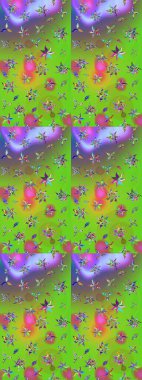 Kumaş desenli papatya çiçeği detayı. Yeşil ve mor renkte çiçekler.