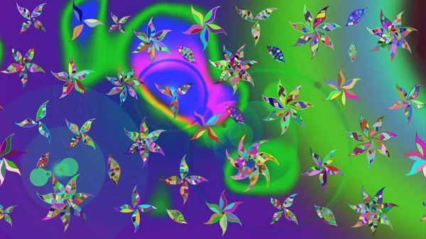 Raster illüstrasyonu. Yumuşak, yeşil ve mor renkli yaz çiçekleri. Raster çiçek desenli ve çiçekli..