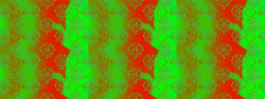 Raster Floral Illustration, Asyalı tekstil. Yeşil, turuncu ve kırmızı renkte etnik çiçeklerle kusursuz bir desen..