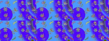 Hediye ambalaj kağıdı, tebrik kartları, posterler ve pankart tasarımı. Mor, mavi ve yeşil renkte çiçekler. Raster düz çiçekleri pürüzsüz desen.