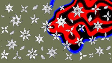 Yeşil renkli bitkilerden oluşan parlak çiçekli çizim deseni.