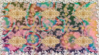 Golden element on beige colors. Gold floral ornament in baroque style. Damask seamless repeating background. Gold Wallpaper on texture background.