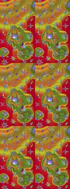 Modern çiçek arkaplanı. Parlak renkli çiçekleri ve yeşil ve kırmızı renkte yaprakları olan harika bir çiçek deseni. Moda baskıları için zarif bir şablon. Halk stili.