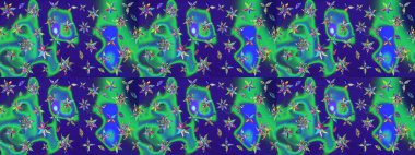 Çiçek desenli çizim. Raster illüstrasyonu. Asya tekstil tarzında. Mavi ve yeşil renkli çiçekler. Raster illüstrasyonu.