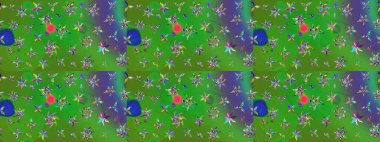 Moda baskıları için zarif bir şablon. Modern çiçek arkaplanı. Halk tarzı. Parlak renkli çiçekleri ve yeşil ve mavi renkte yaprakları olan muhteşem bir çiçek deseni..