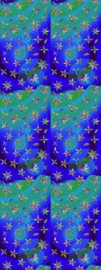 Raster illüstrasyonu. Raster deseni. Yumuşak, bahar çiçekleri mavi ve yeşil renklerde. Patlayan çiçekler soyut yerleştirilmiş.