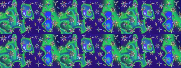 Çiçek desenli çizim. Raster illüstrasyonu. Asya tekstil tarzında. Mavi ve yeşil renkli çiçekler. Raster illüstrasyonu.