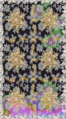 Raster illüstrasyonu. Geleneksel oryantasyon süsü. Gri renklerde, altın elementlerle kusursuz desen. Kusursuz klasik raster altın desenli. Klasik vintage arkaplan.