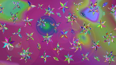 Mor ve yeşil renkli çiçekler. Raster illüstrasyonu. Düz Çiçek Elementleri Tasarımı. Renkli Bahar Teması eskiz kalıbı. Çiçekli çiçek deseni, suluboya..