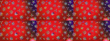 Raster illüstrasyonu. Çiçek desenli çizim. Kırmızı ve kahverengi renkli Asyalı tekstil.