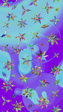 Mor ve mavi zarif küçük çiçekler ve menekşe ve mavi renklerdeki komik böcekler, raster desen, illüstrasyon.