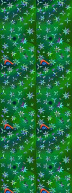 Çiçekli karalama şeklinde Raster çiçek deseni. Nazik, narin çiçek arkaplanı. Yeşil ve mavi renkte çiçekler.