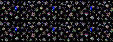 Raster Floral Illustration, Asyalı tekstil. Siyah ve yeşil renkli etnik çiçeklerle zarif bir eskiz deseni.