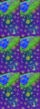 Raster illüstrasyonundaki çiçek desenli çizim. Mavi ve mor renkte çiçekler.